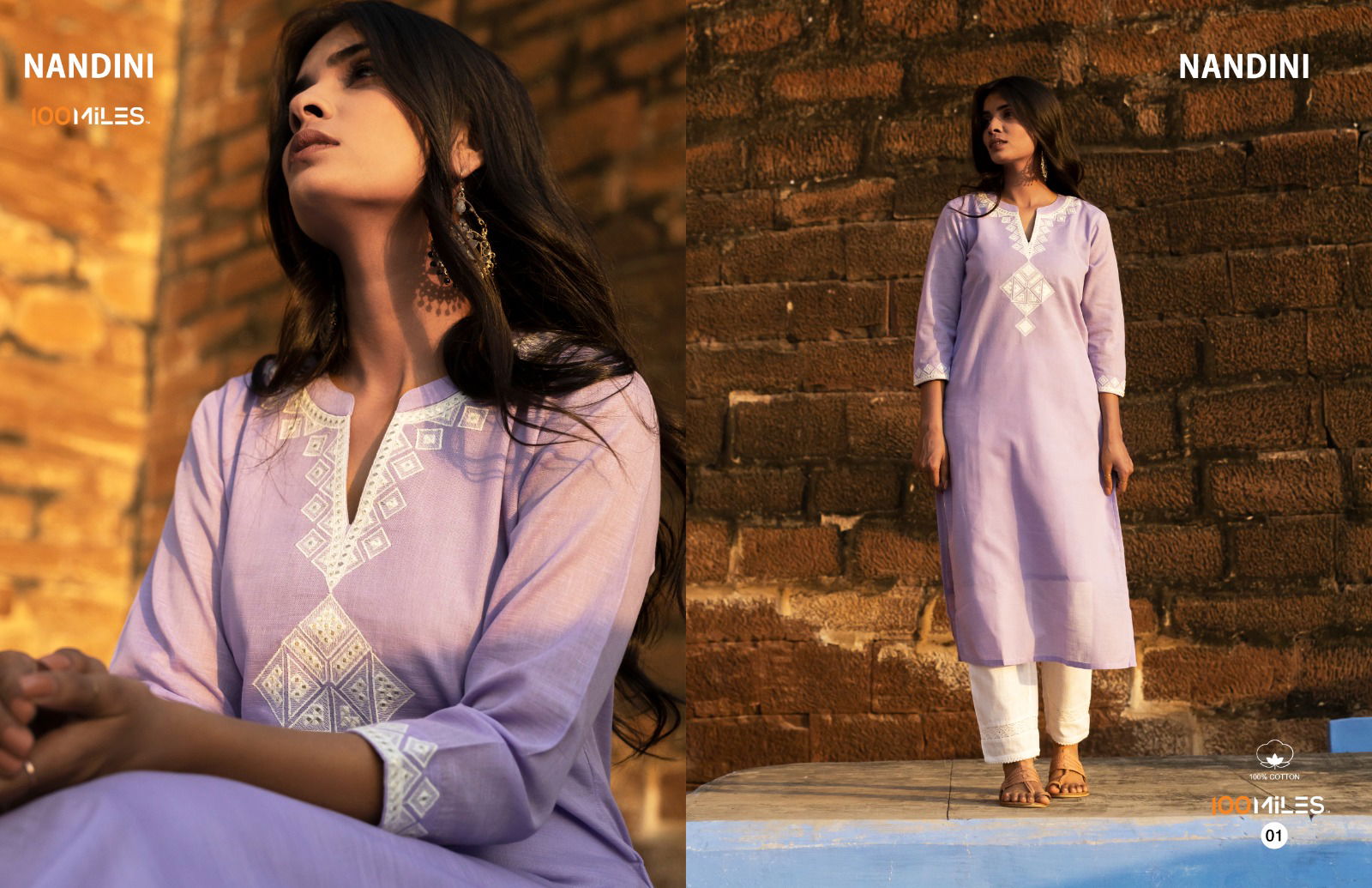 100 Miles Nandini Colors Embroidery Cotton Kurtis Catalog